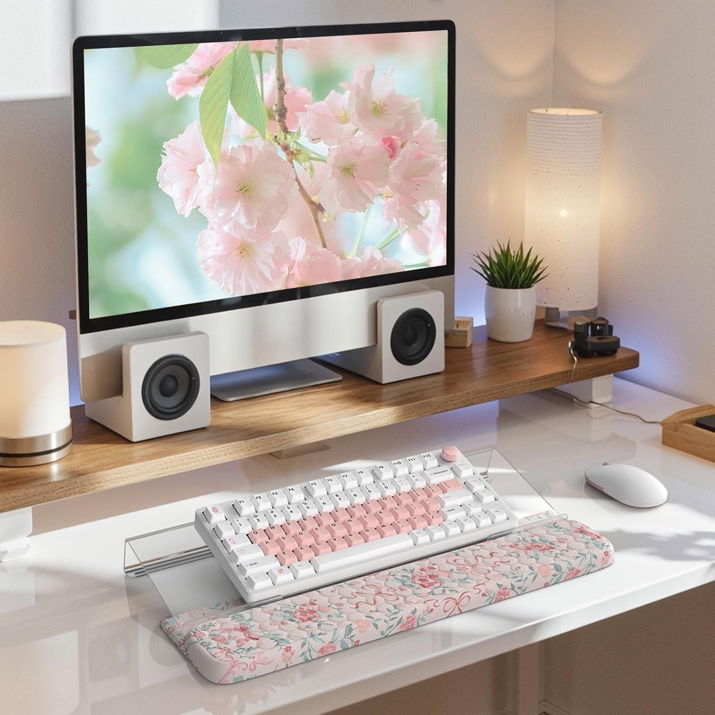 2 in 1 Keyboard Stand for Desktop, Floral Wrist Support for Keyboards, Anti-Fatigue Memory Foam Wrist Rest for Computer, 3-Angle Adjustable Keyboard Riser for Office Home (Pink Bow)