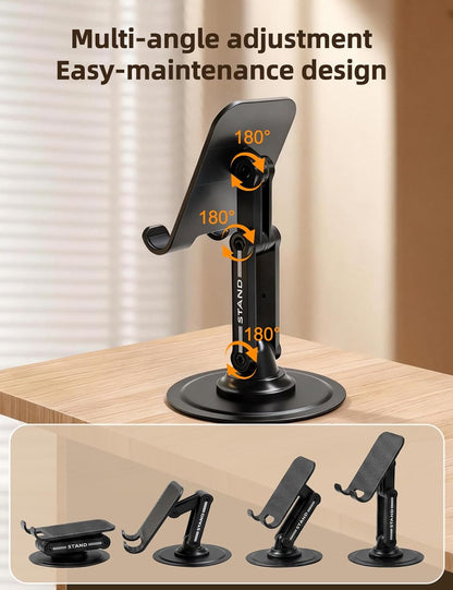 Phone Stand for Desk, Adjustable Dual-Axis 360° Rotating Sturdy Cell Phone Holder, Anti-Loose Maintainable Design, Compatible with iPhone Android Smartphones