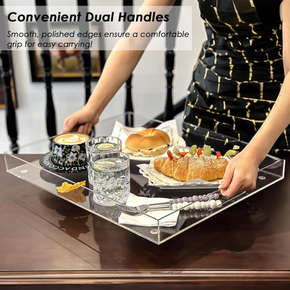 2 Pack Serving Tray with Handles, Clear Acrylic Tray for Serving Food, Large Outdoor Food Trays for Eating, Lucite Acrylic Trays for Appetizer, Pizza, Fruit and Drinks, Unbreakable, 16"×12"