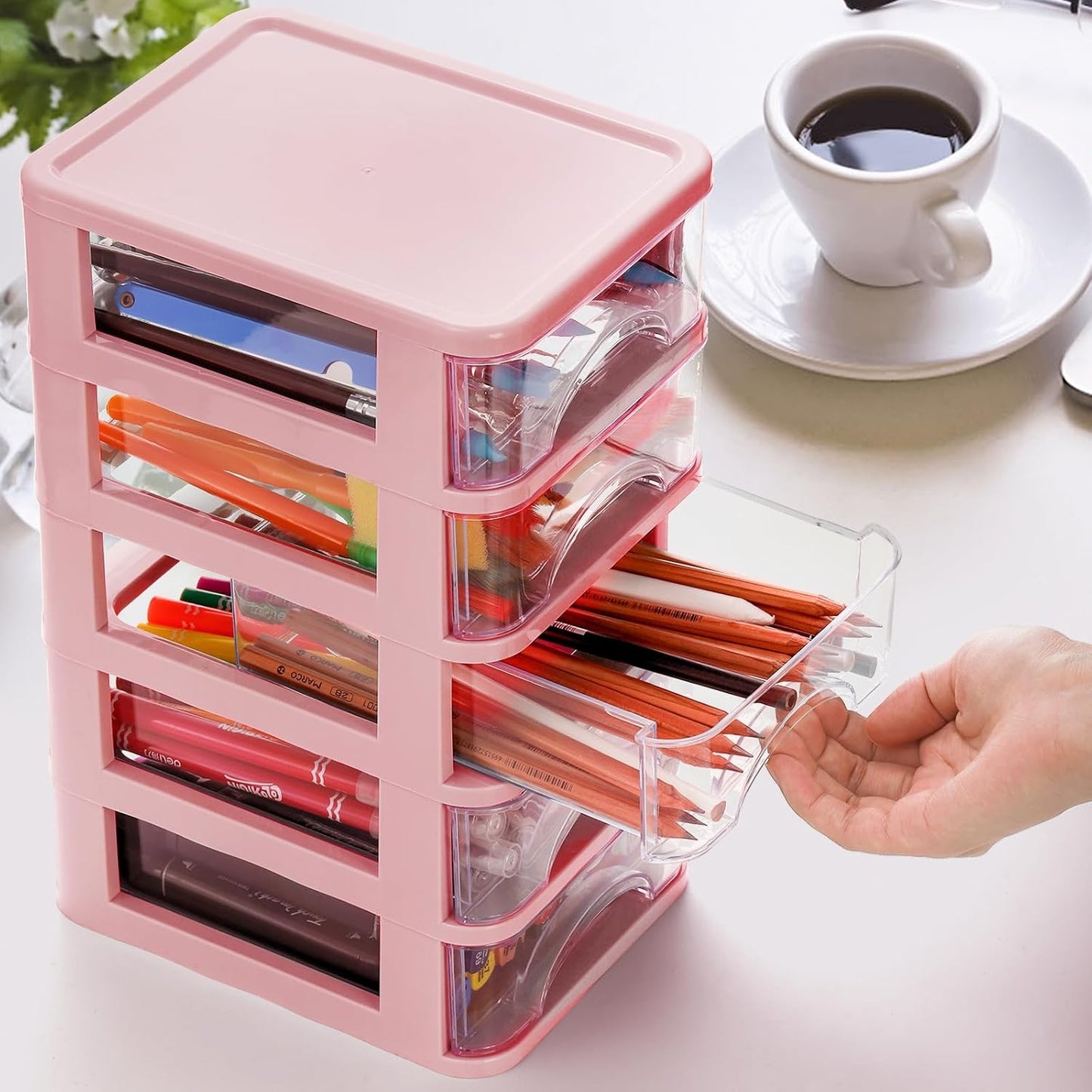 Hedume Desktop Drawer, Clear 5-Drawer Desktop Storage Unit, Small Organizer Box Storage Container Case, Frame with Clear Drawers, Drawer Unit