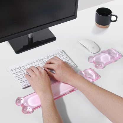 Gel Keyboard and Mouse Wrist Rest Set – Clear Wrist Rest for Computer Keyboard 60%/68%/75%, Comfort & Support for Typing and Gaming(Cute Pink Bear)