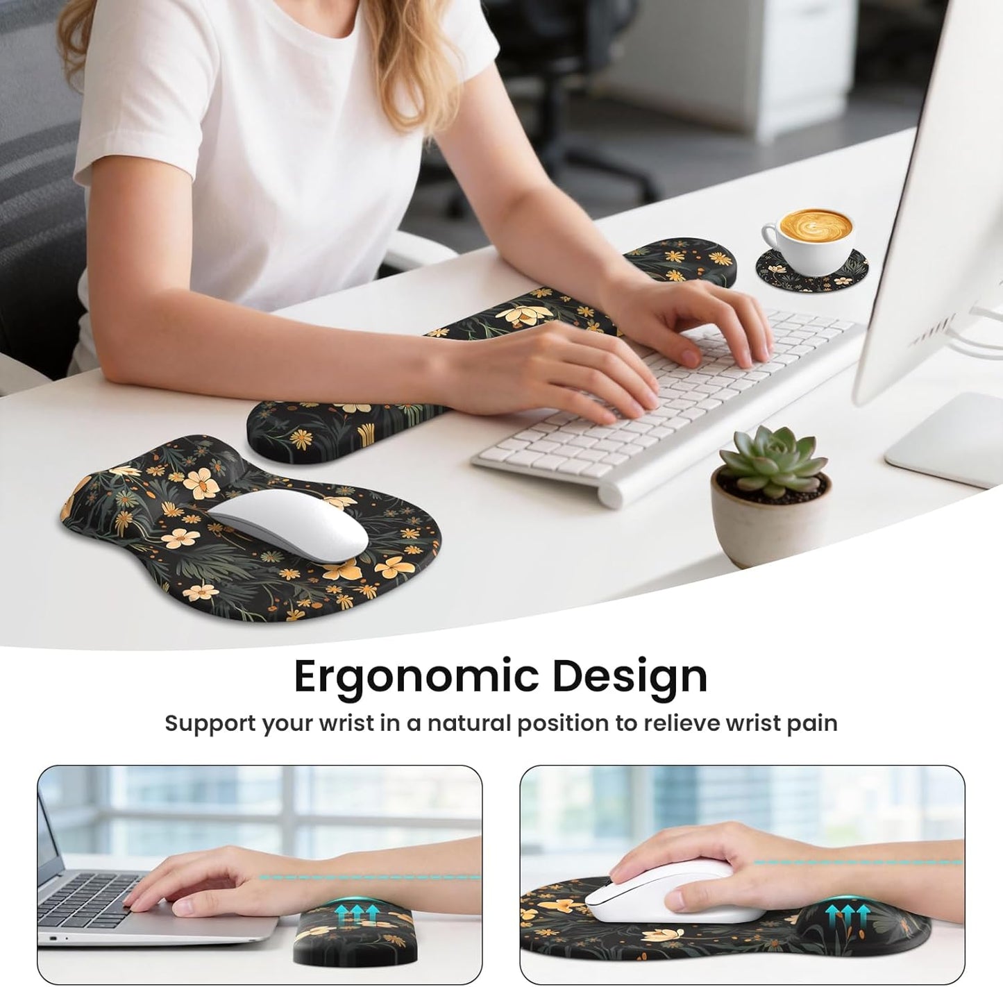 AKIT Ergonomic Mouse Pad and Keyboard Wrist Rest Set, Gel Memory Foam Wrist Rest with Non-Slip Base, 3-in-1 Mousepad Set for Pain Relief, Desk Accessories for Gaming, Home, Office(Black)
