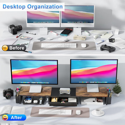 gianotter Dual Monitor Stand Riser, Desk Organizer With Drawer and 2 Pen Holders, Computer Monitor Stand, Shelf for Top of Desk, Black