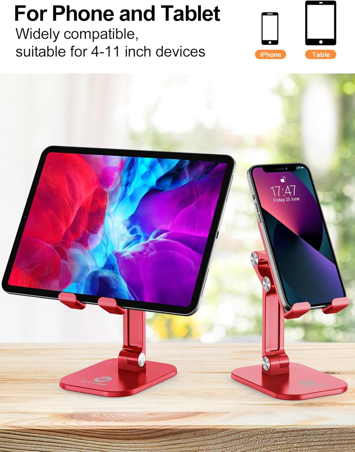 OCYCLONE Phone Stand, Adjustable Height and Angle Foldable Cell Phone Stand Holder for Desk, Taller iPhone Stand Compatible with 4.7"-13" Smartphones iPad Tablet, Black