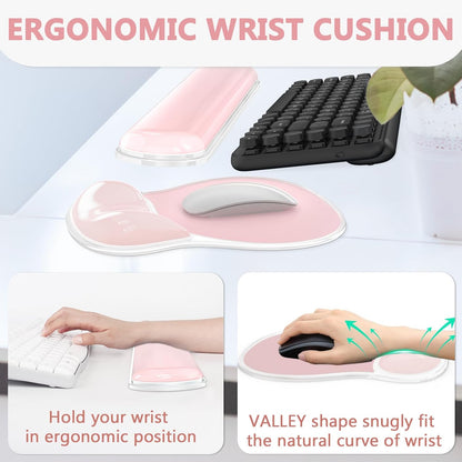 AKIT Ergonomic Mouse Pad with Wrist Rest& Keyboard Wrist Rest, Wrist Rest for Computer Keyboard, Pain Relief, Non-Slip Gel Base, Mousepad Wrist Support for Gaming, Office, Waterdrop Shaped Pink