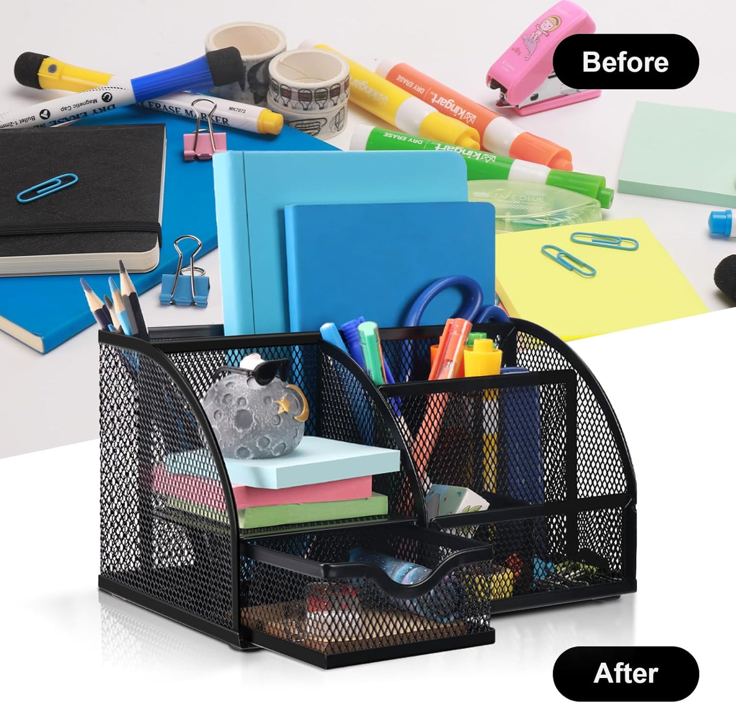 Comix Mesh Pen Pencil Holder Desk Organizer, 3 Compartment Wire Desktop Pen Pencil Cup Caddy Office Supplies Desk Accessories for Home Office School, Black