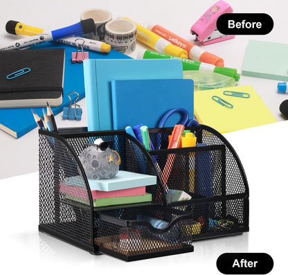 Comix Mesh Pen Pencil Holder Desk Organizer, 3 Compartment Wire Desktop Pen Pencil Cup Caddy Office Supplies Desk Accessories for Home Office School, Black