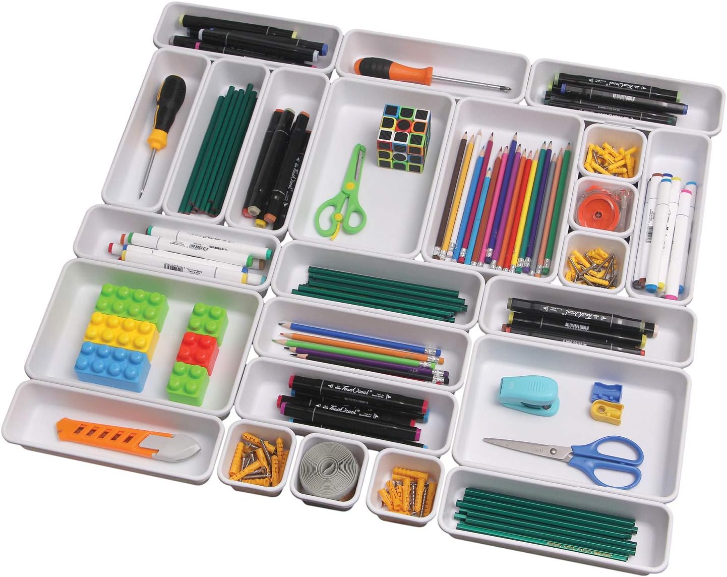 Set of 24 Interlocking Desk Drawer Organizer Tray Dividers Plastic Shallow Narrow Drawers Organizers Separators Storage Bins Container for Kitchen Bathroom Makeup Office Vanity Bedroom Dresser