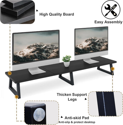 TEAMIX 42 inch Large [Dual] [Monitor] [Riser],Rustic Brown Extra Long TV [Stand Wood & Steel Desktop [Riser] with Storage for [Dual] Screen Office Desk Organization