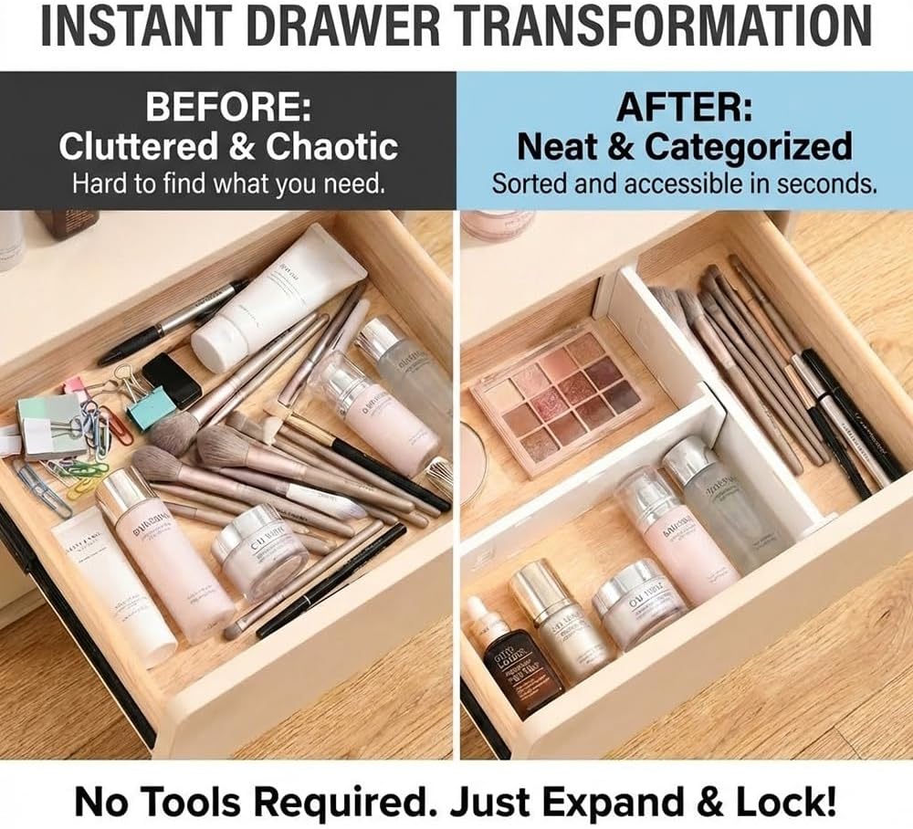 6-Pack Adjustable Drawer Dividers (10.8"-17.9"), 3.1" High Expandable Organizers for Baby Nursery, Bathroom Vanity, Desk & Junk Drawers - Non-Slip Locked Separation