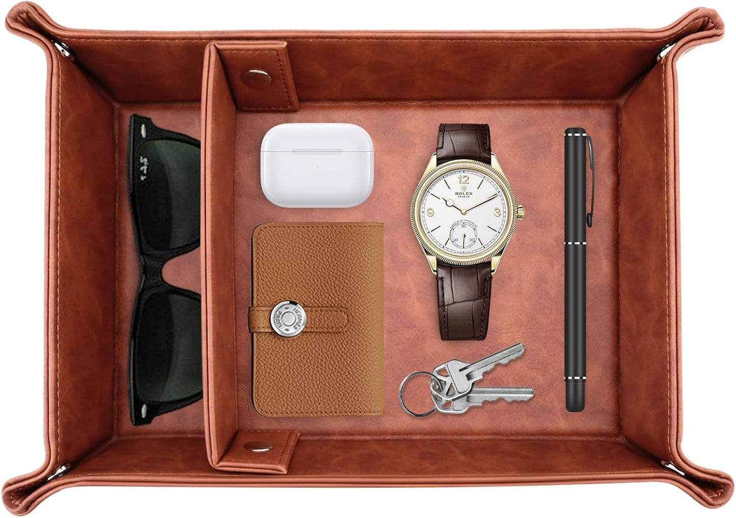 Leather Valet Tray for Men, 2 Compartments Key Tray Nightstand Organizer Vanity Tray Bedside Caddy Entryway Table Catchall Tray for Wallet, Watch, Phone, Coin, Jewelry, Black