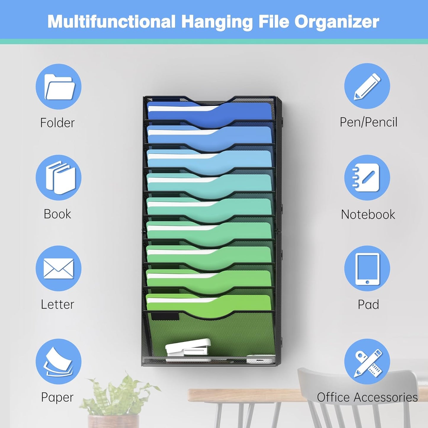 Kuntine.B Wall File Organizer Office Hanging Magazine Holder Wall File Organizer for Office Home (Black, 5 Tier)