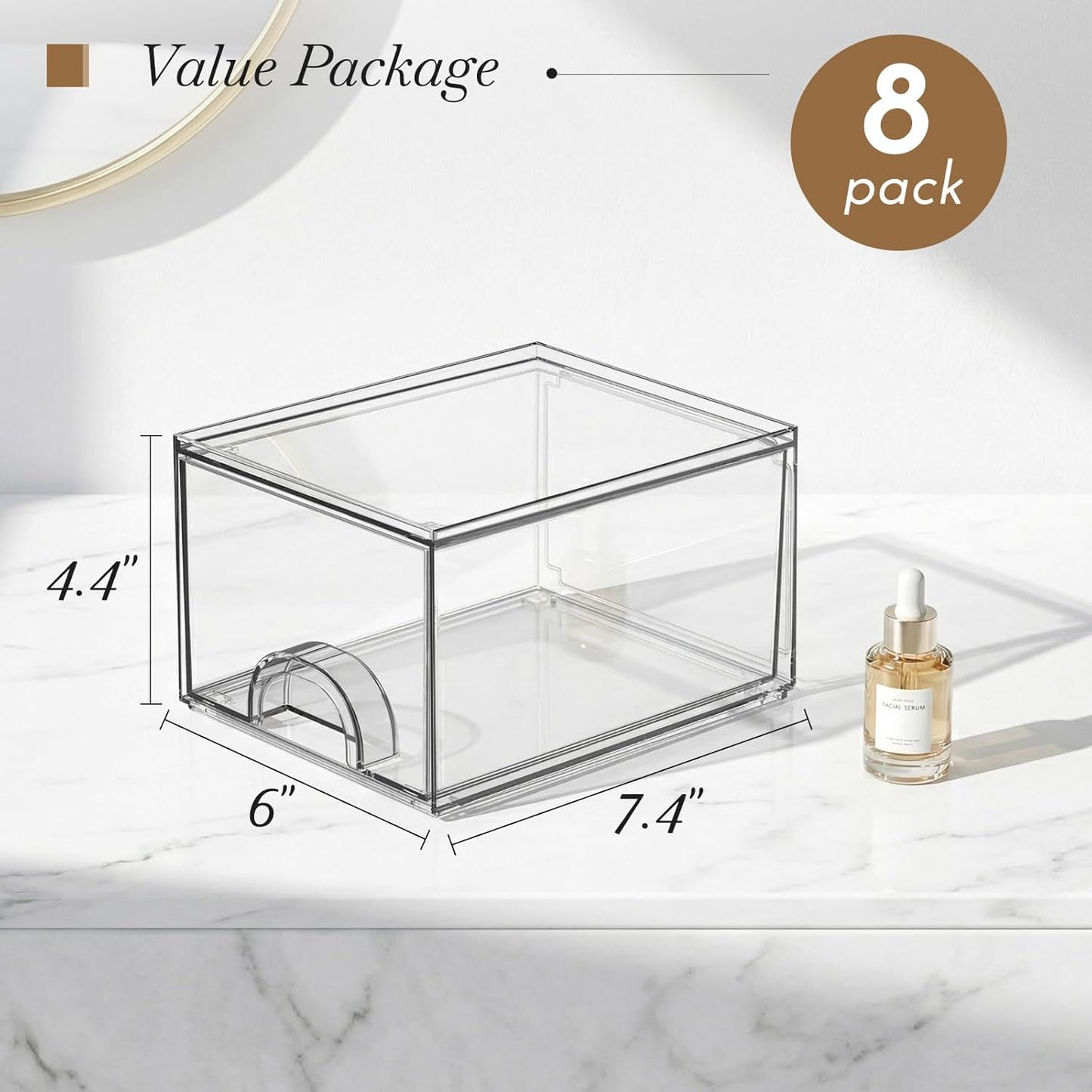 8 Pack Clear Stackable Acrylic Storage Boxes Storage Drawers, Storage Organizer, Clear Plastic Makeup Organizer, Ideal for Vanity, Cabinet, Desk Organization