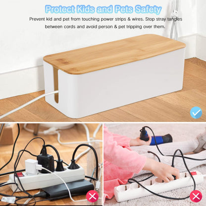 Cable Management Box Organizer, Set of 3 Bamboo Lid Storage Wires Holder to Cover Hide Surge Protector, Power Strips & Cords- with 5 Cables Fastening Tapes for Home, Office, Desk, PC, TV, USB Hub