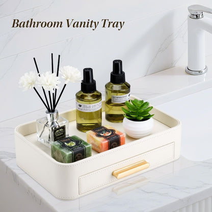 GORESE PU Leather Valet Tray with Drawer, Nightstand Organizer Catch All Tray for Jewelry Perfume Purse Trinket Key Holder, EDC Trays for Desk Vanity Entryway Table, Gift for Women Men, Cream White