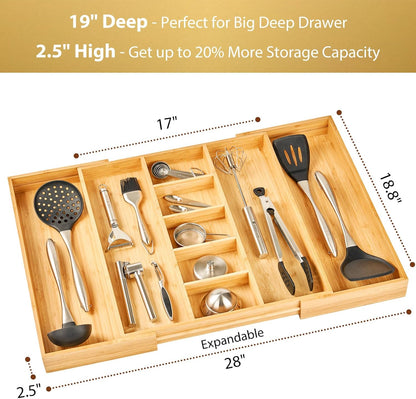 Umilife Expandable Kitchen Drawer Organizer, 2.5" High Bamboo Utensils Silverware Tray, Adjustable Large Deep Wood Organization Holder