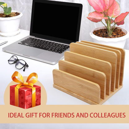 Desk File Mail Organizer Countertop, 5 Slots Bamboo Folder Sorter Holder for Letter, Envelope, Paper, Bill Filing, Desktop Tray Organizer for Office & Home