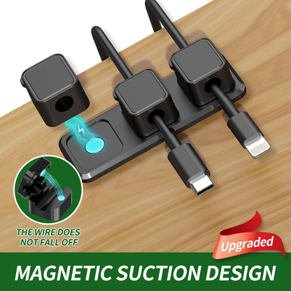 Magnetic Cable Organizer for Desk – Upgraded Wire Clips with Adhesive Base – Desktop Cord Holder for USB, Charging Cables – 6 Clips + 1 Magnetic Base (Black)