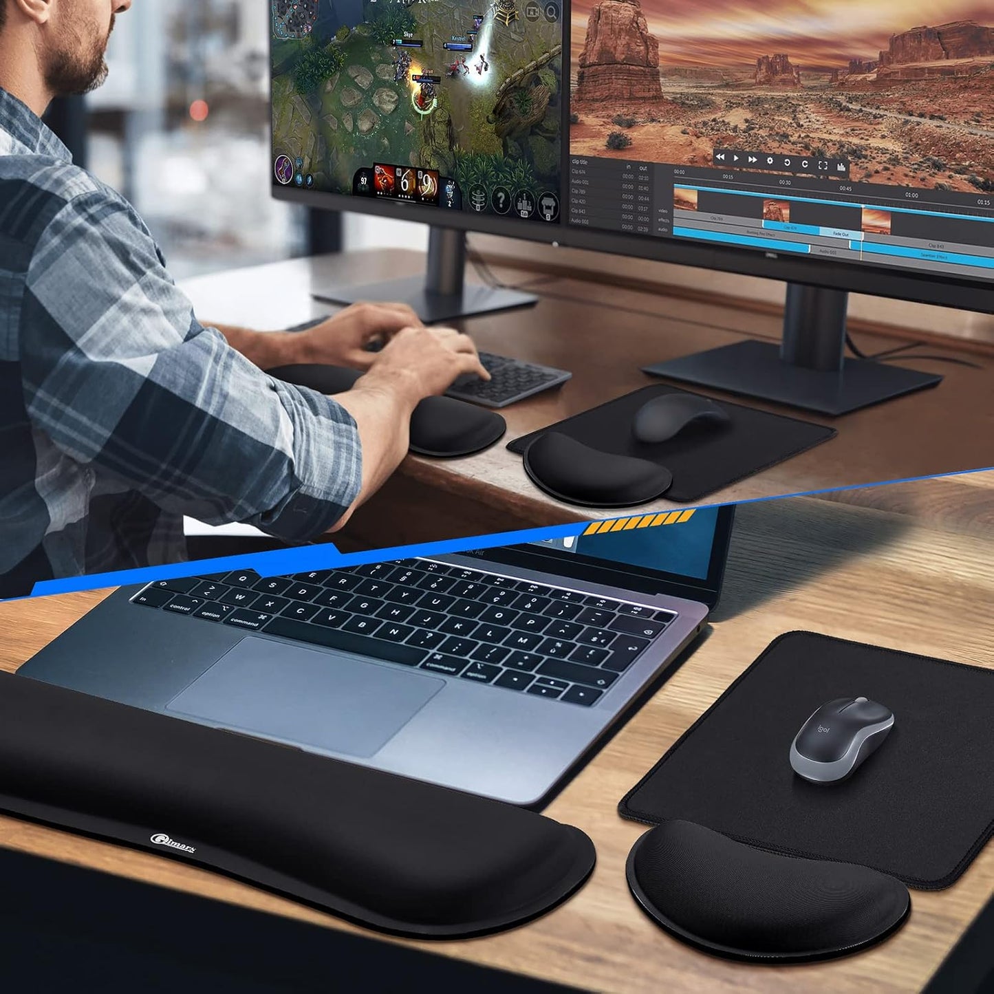 Gimars Upgrade Enlarge Silky and Superfine Fabric Gel Memory Foam Keyboard Wrist Rest Set, Ergonomic Keyboard Mouse Wrist Support for Typing Pain Relief, Comfort for Office, Gaming, Computer