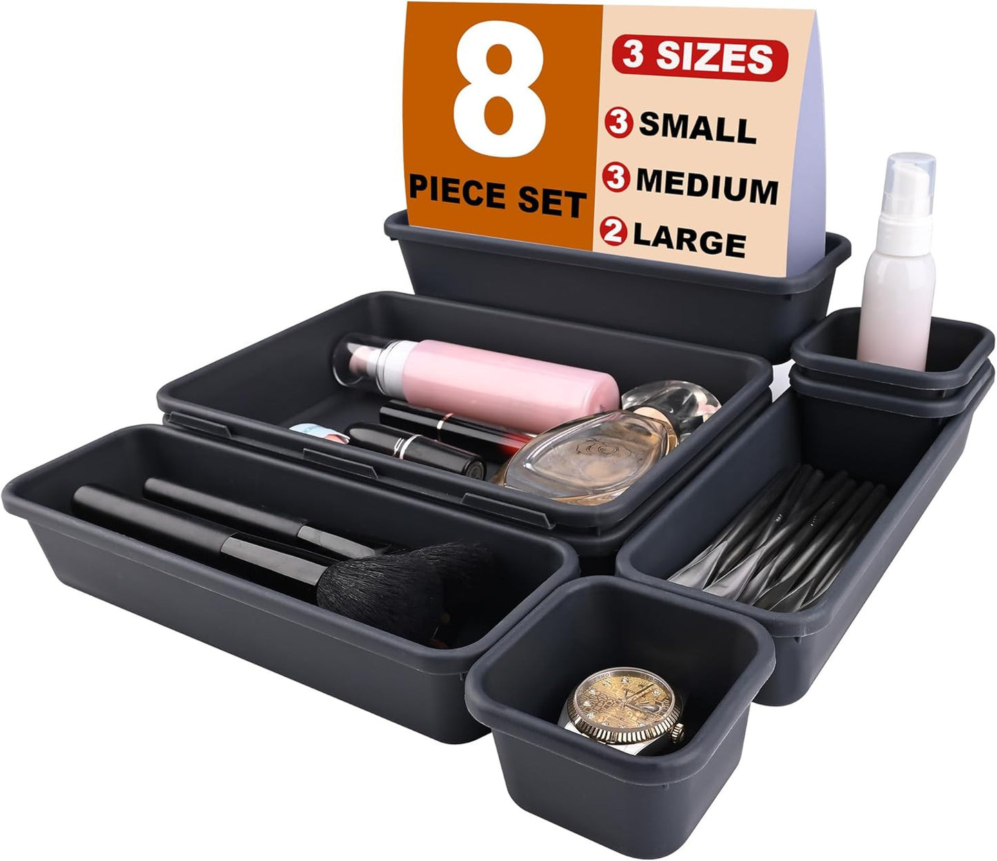QUELIEN Desk Drawer Organizer Tray Set, 8PCS Plastic Drawer Organizer Bins for Office, Makeup, Kitchen - Gray Blue Desk Organizer with Flexible Interlocking Design for Efficient (Gray Blue, 8PCS)