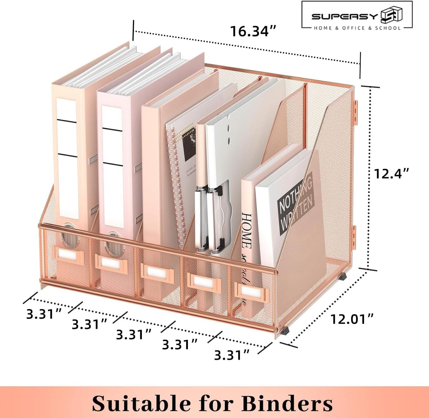SUPEASY Desk Organizers Metal Desk Magazine File Holder with 5 Vertical Compartments Rack File Organizer for Office Desktop, Classroom, Home Workspace, Black