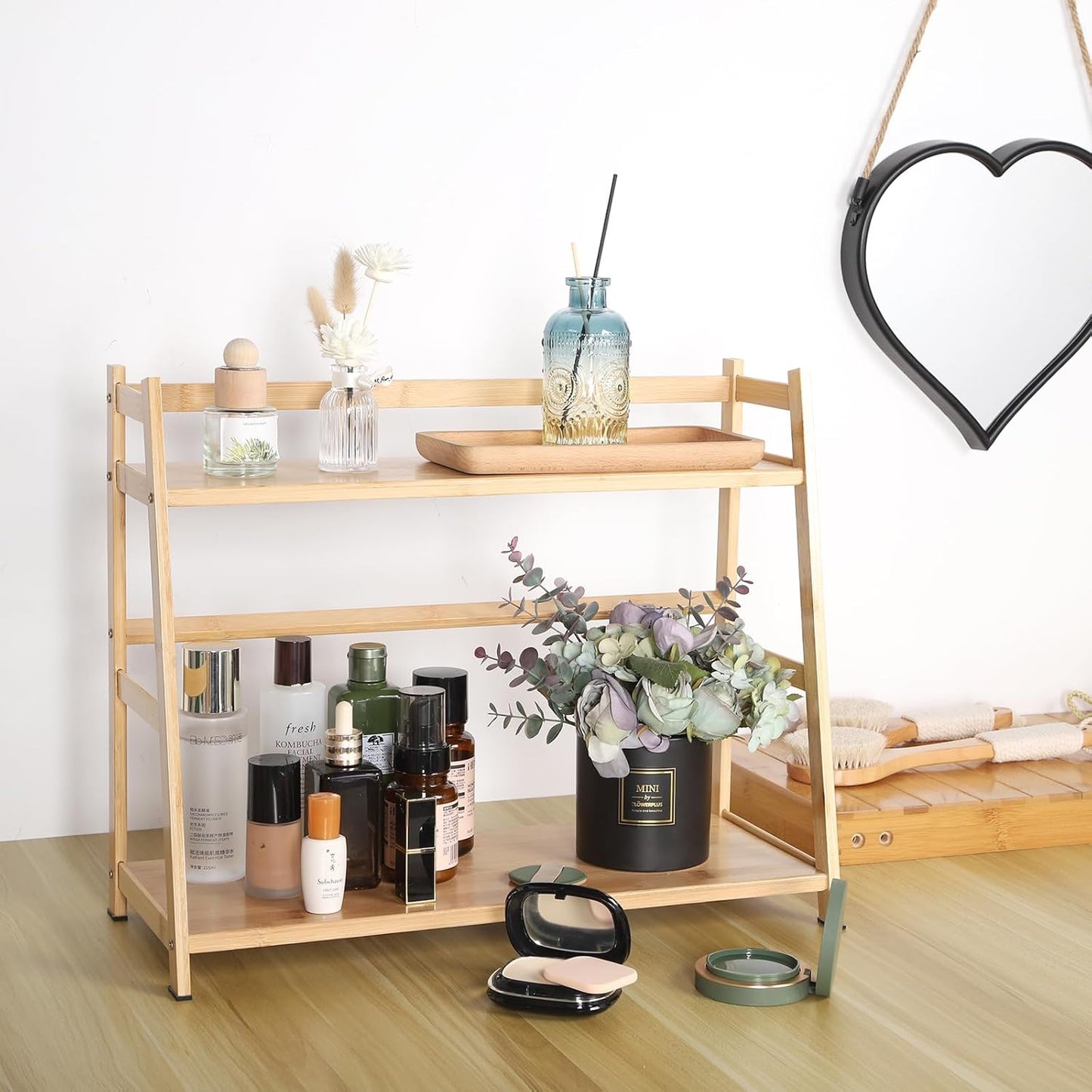 2-Tier Ladder Desktop Bookshelf, 23.62" Wide Wooden Countertop Storage Hutch for Office, Dorm and Home, Small Desk Organizer for Books and Decor