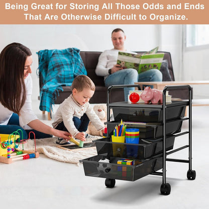 4-Tier Utility Cart with 4 Drawers, Rolling Utility Cart with 2 Lockable Caster Wheels, Multipurpose Mobile Rolling Drawer Cart for Office Bathroom Kitchen, Ivory White