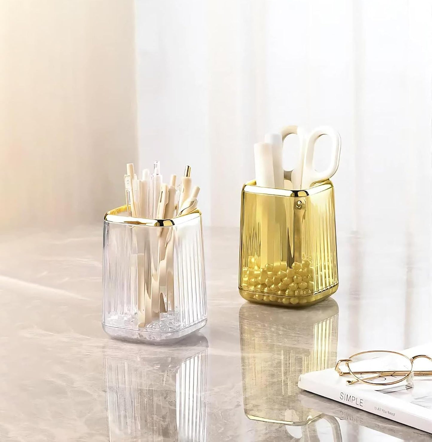 Acrylic Pen Holder, Cute Clear Green Desk Organizer for Pencils, Makeup Brushes Toothbrushes Storage Cup with Striped Design for Vanity Bathroom