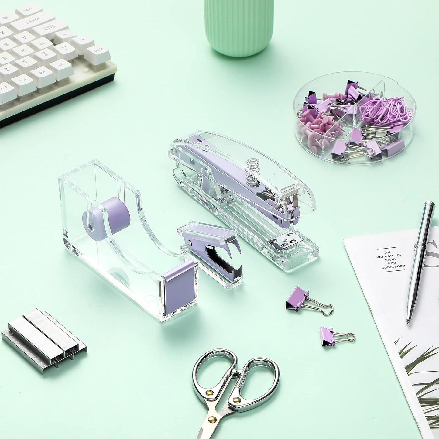 Office Supplies Set Desk Accessory Kit, Acrylic Stapler Set Staple Remover, Tape Dispenser, Binder Clips, Paper Clips, Ballpoint Pen and Scissor with 1000 Pieces 26/6 Staples (Silver)