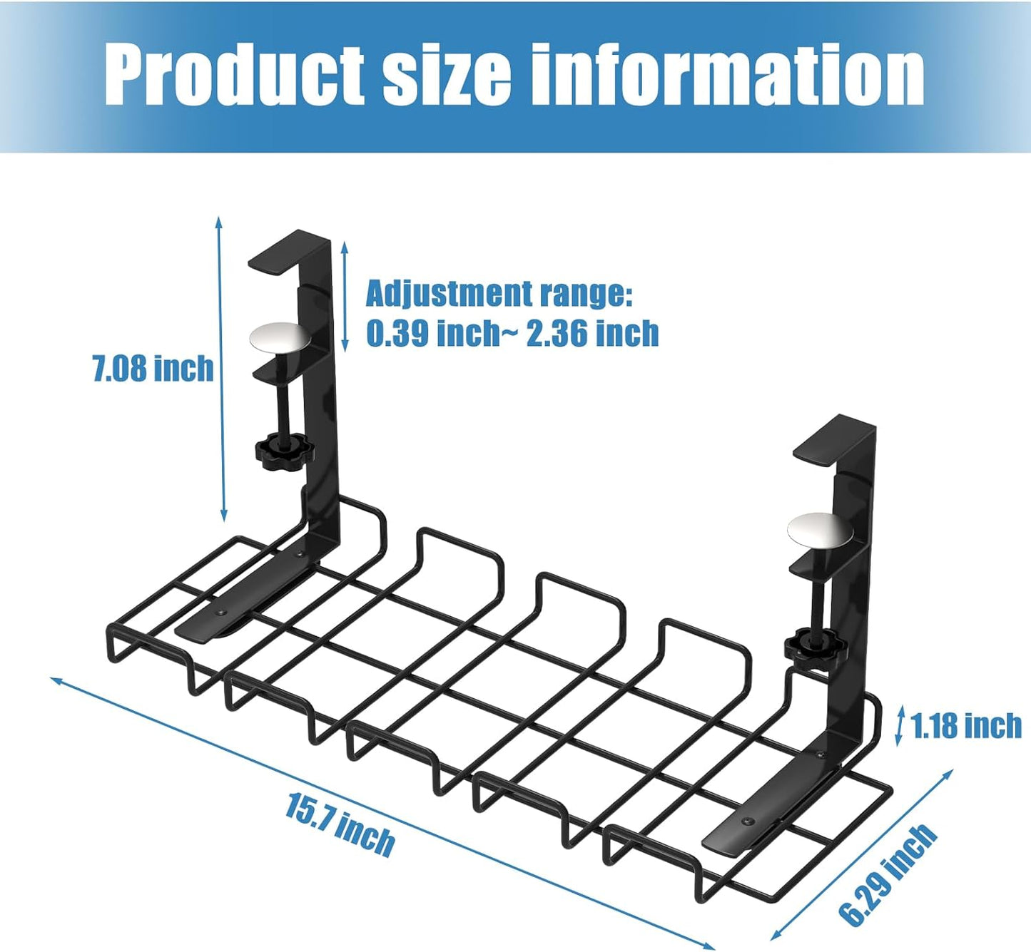 Under Desk Cable Management Tray, No Drill Steel Cord Organizer Kit with 52Pcs Different Essential Accessories for Home Office Standing Desk (13.4inch, Black)