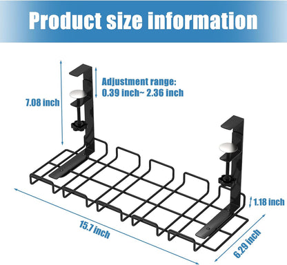 Under Desk Cable Management Tray, No Drill Steel Cord Organizer Kit with 52Pcs Different Essential Accessories for Home Office Standing Desk (13.4inch, Black)