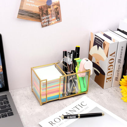 Sticky Note Holder,Glass Post It Note Dispenser with Pen Slot,Gold 3 x 3 Inch Post It Note Holder for Desk,Stylish Sticky Note Dispenser for Home Office Desk