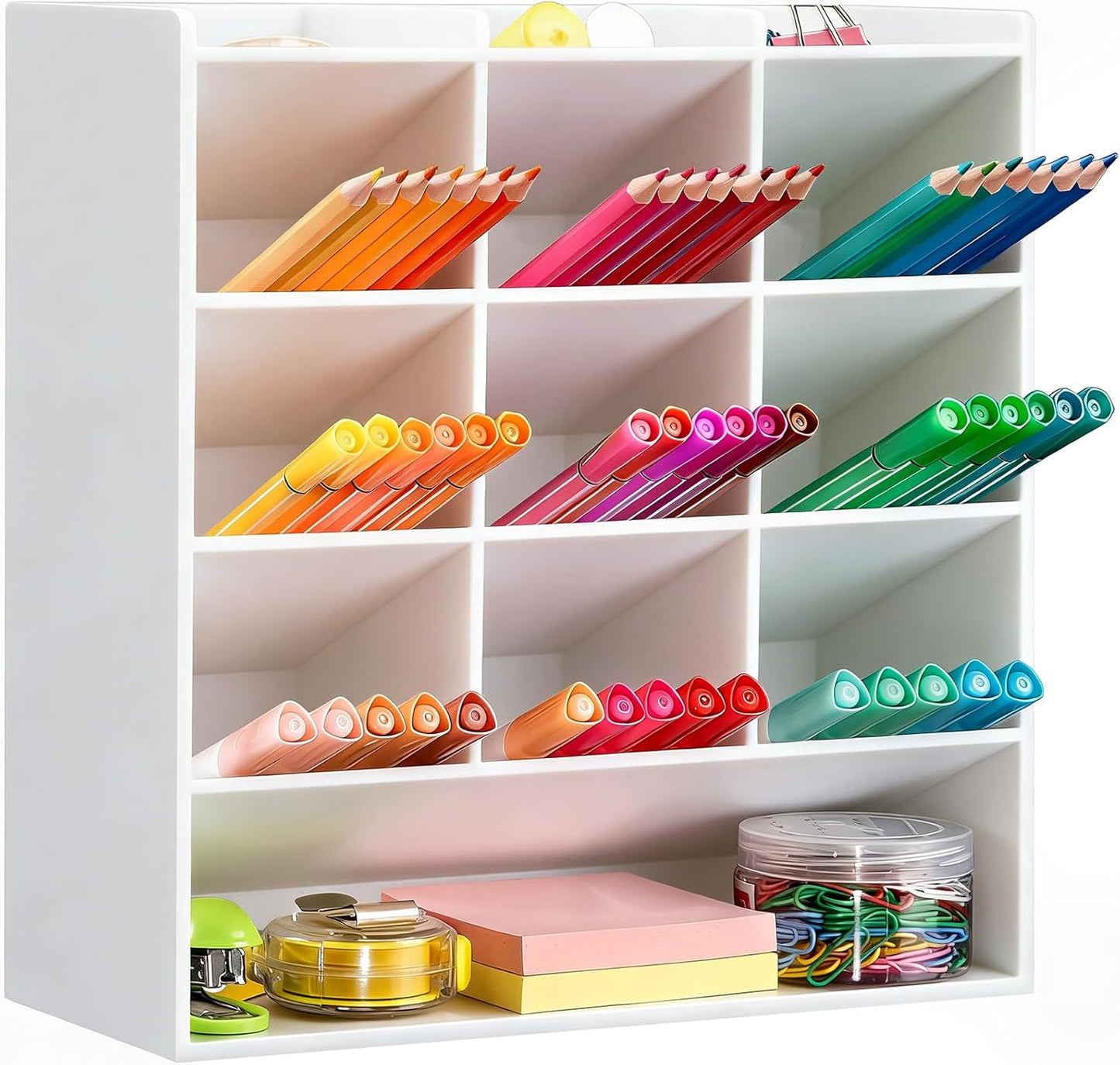 BEYGORM Acrylic Vertical Marker Organizer for 150 Markers with 13 Compartments, Clear Angled Pen & Pencil Holder, Large Desk Stationery & Art Supply Storage for Office & School (10.2 x 9.8 x 4 Inch)