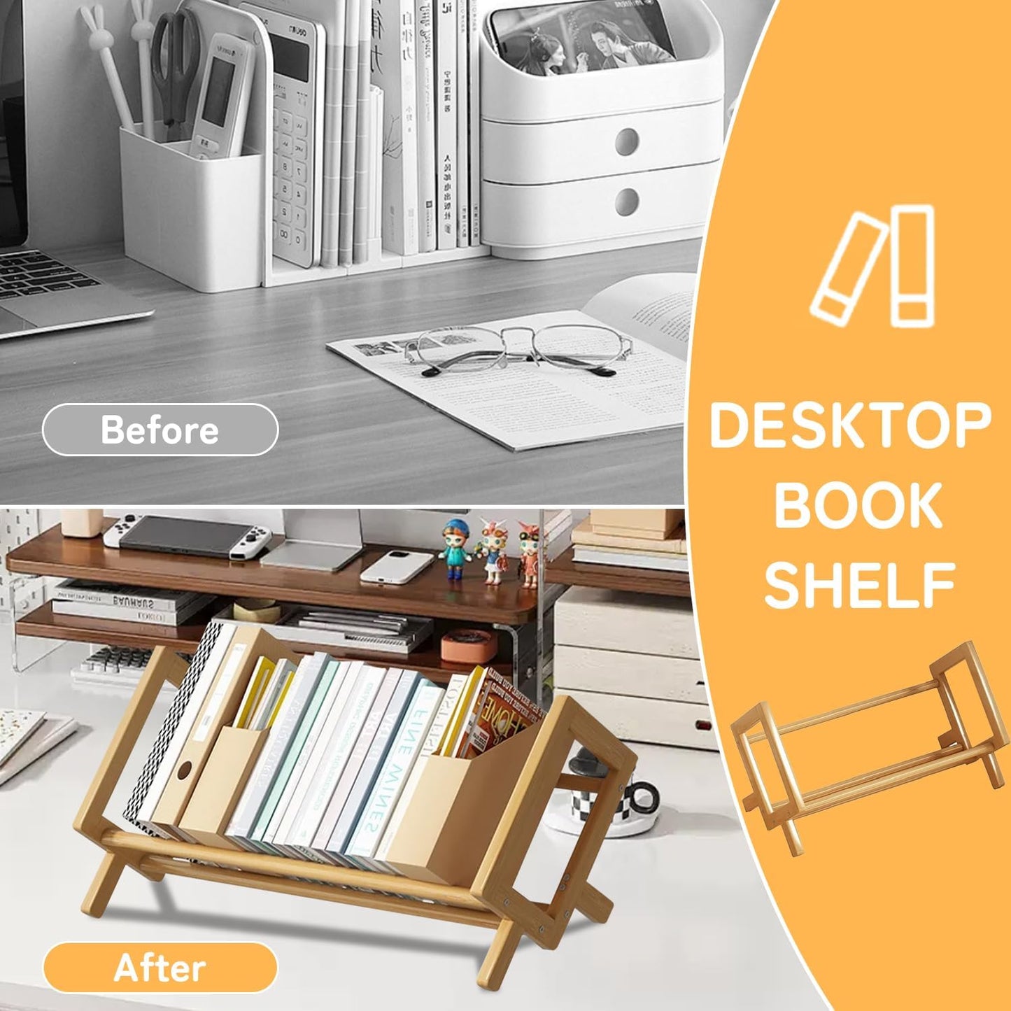 Desktop Bookshelf Bamboo Book Storage Organizer Large Magazine Holder Racks for Home Office Bedroom Tilting Bookcase for Books CDs Files Magazine Display Back to School Gift