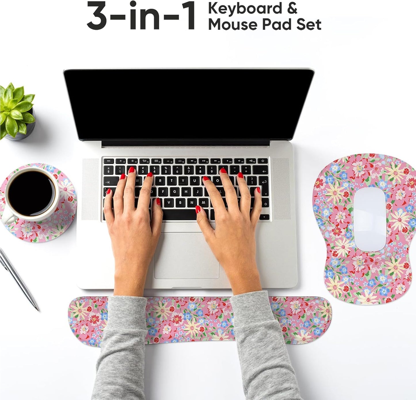 Wrist Rest Support for Mouse Pad Keyboard Set Circle Coaster Gaming Mouse Pad Ergonomic Gel Memory Foam Set for Computer, Laptop, Office, Pain Relief, Comfortably Typing Flowers KM-39