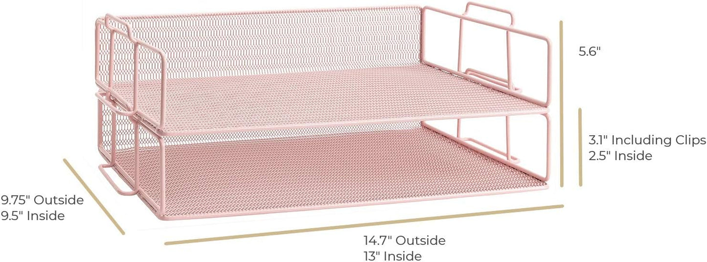 BLU MONACO | Paper Tray Stackable Gold Mesh Set of 2 | Stackable File Trays for Desk Organization | Tiered Desk Organizer with Metal Letter Trays