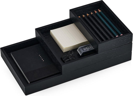OAKYWOOD Valet Tray Bundle – Solid Wood Desk Organizer – Document, Phone & Tablet Tray – Perfect for Office, Home, or School – Black