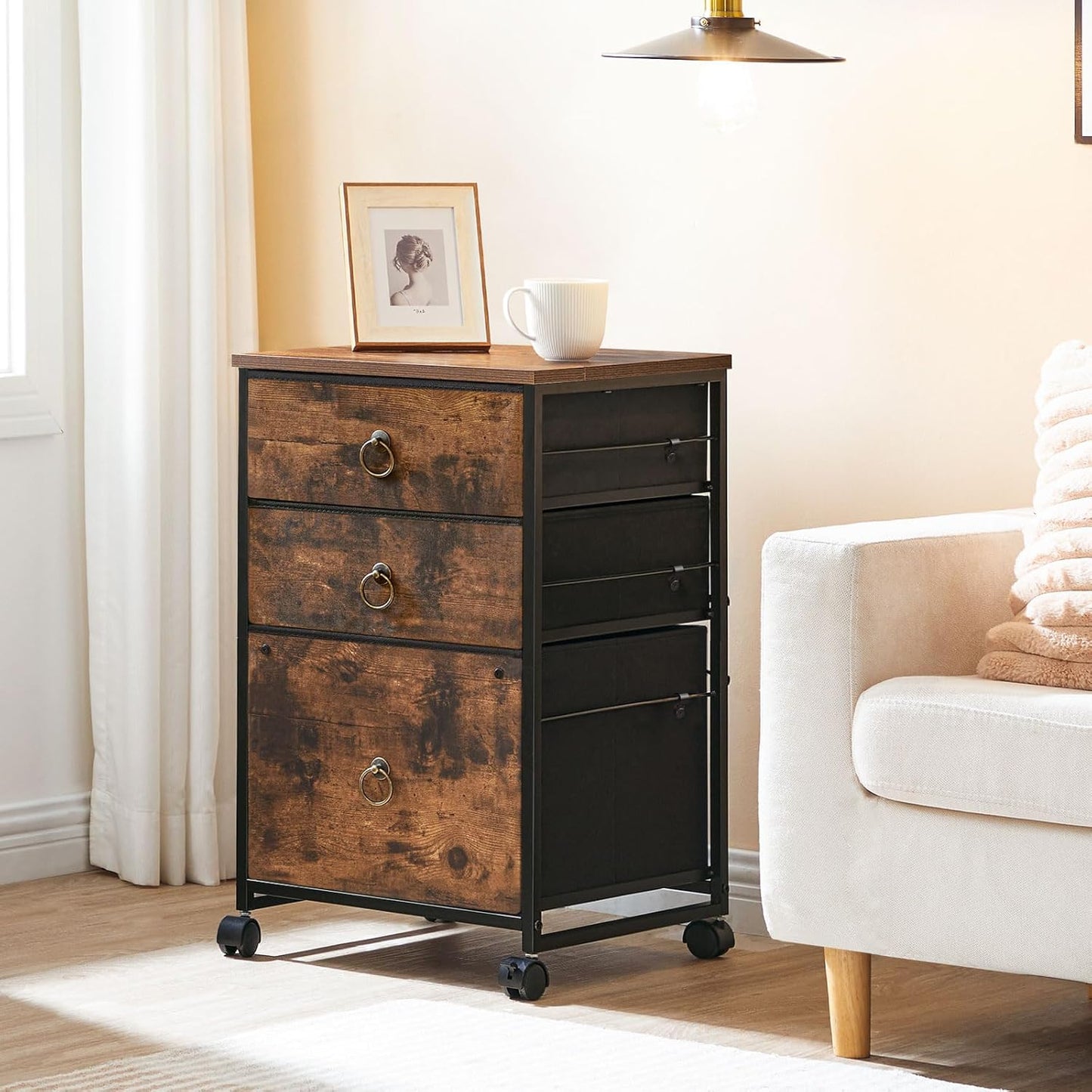 HOOBRO 3-Drawer Mobile File Cabinet, Vertical Filing Cabinet, Under Desk Storage Drawers for Home Office, Rolling Printer Stand, A4/Letter-Sized, Nonwovens Drawer, Rustic Brown and Black BFK30WJ01