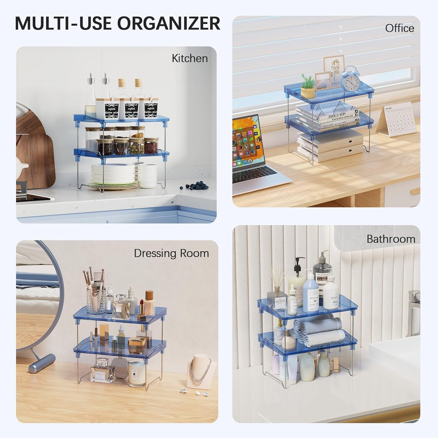 STARLATTA 2 Pcs Cabinet Organizer Shelf, Stackable Kitchen Counter Shelves, Spice Rack,Countertop Organizers, Clear Plastic Storage Shelves Rack for Makeup,Bathroom,Cupboard,Desk,Pantry Organization