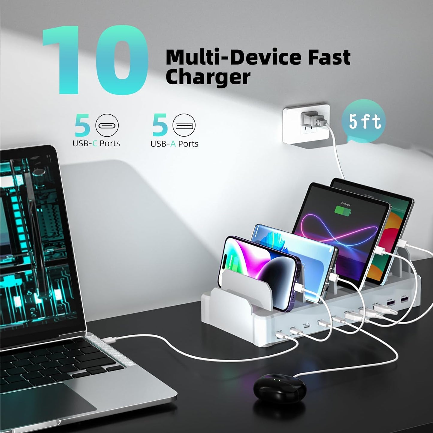 420W Charging Station for Multiple Devices, Zobirez 10-Port USB C Fast Charger Stations for MacBook, iPhone, Android Cell Phone, iPad, Tablet, Family Multi-Device Organizer Charging Dock, Black