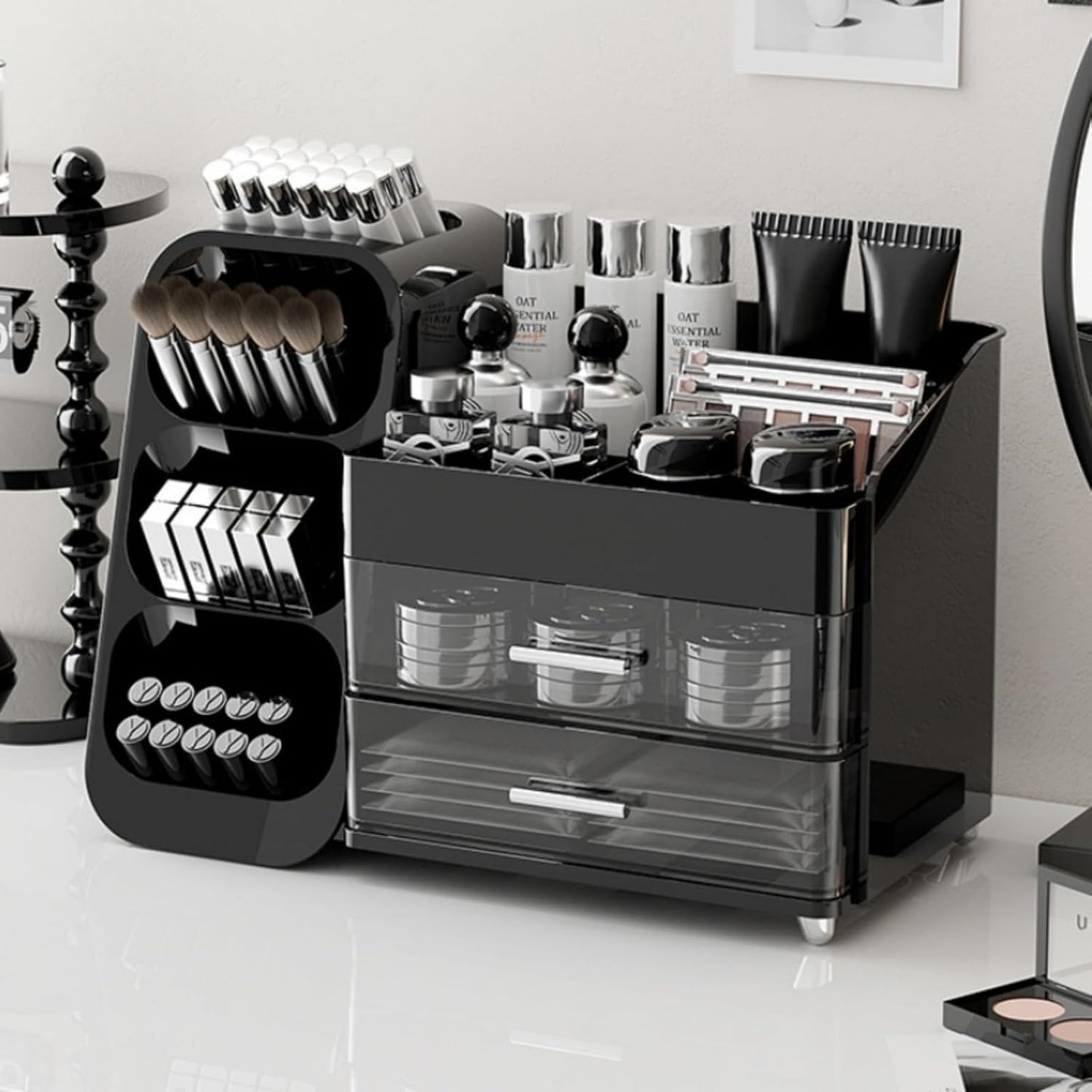 Booklov Makeup Organizer for Vanity, Countertop Cosmetic Display Case with Clear Acrylic Drawers, Bathroom Counter Beauty Caddy, Cute Table Storage Holder for Skincare, Brush Lipsticks, Crystal White