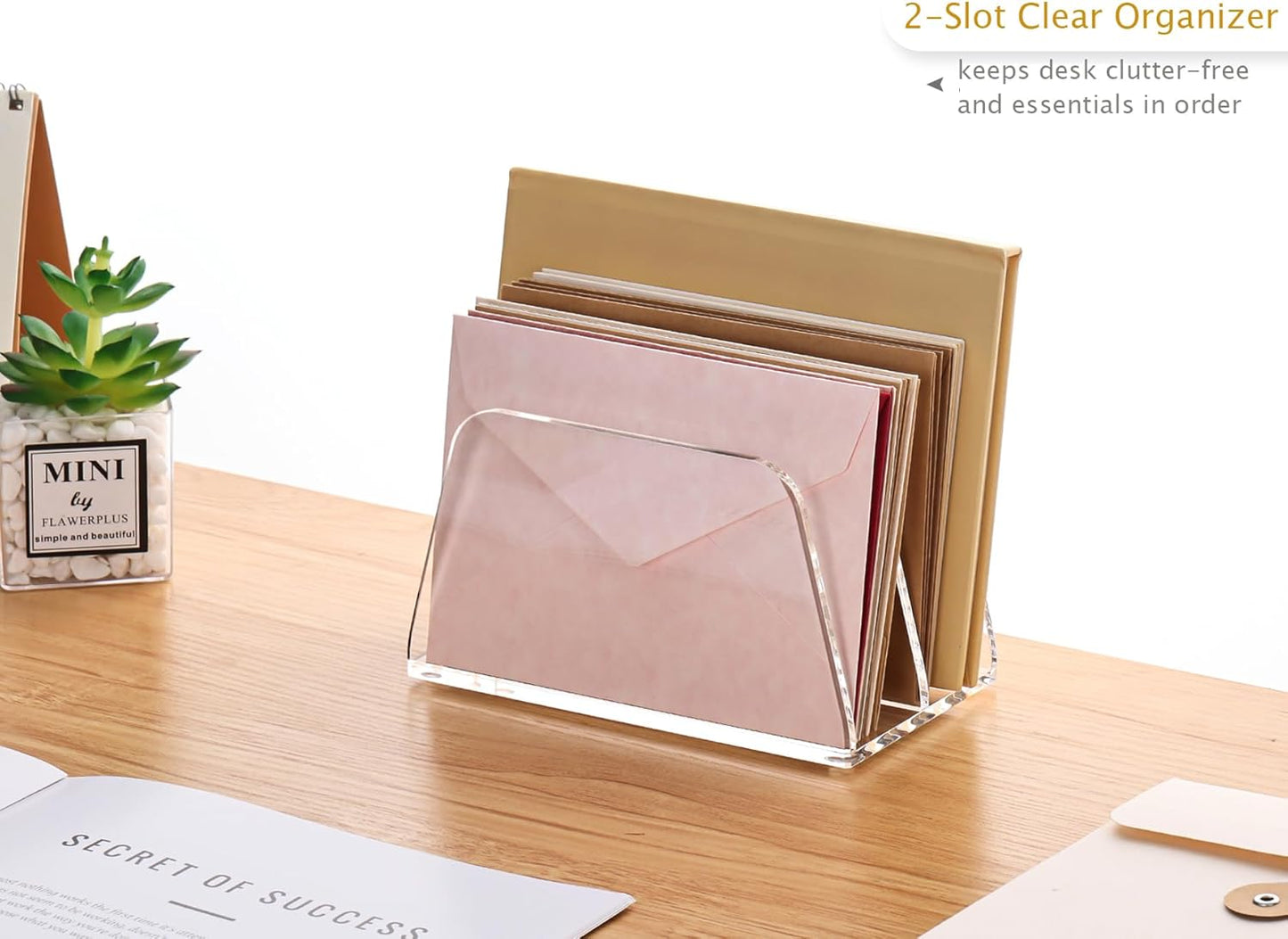 SANRUI Acrylic Mail Organizer, 2-Slot Clear Paper Letter Sorter Mini Desk Organizer, Sleek Office Desk File Holder for Mail, Bills, Notebooks 6.7"x3.5"x3.8"