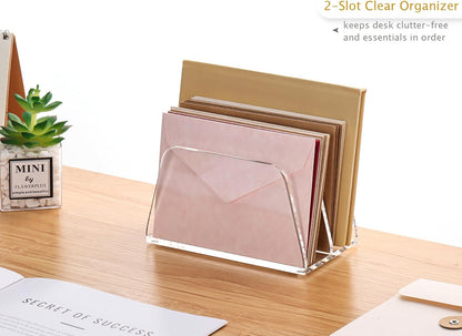 SANRUI Acrylic Mail Organizer, 2-Slot Clear Paper Letter Sorter Mini Desk Organizer, Sleek Office Desk File Holder for Mail, Bills, Notebooks 6.7"x3.5"x3.8"