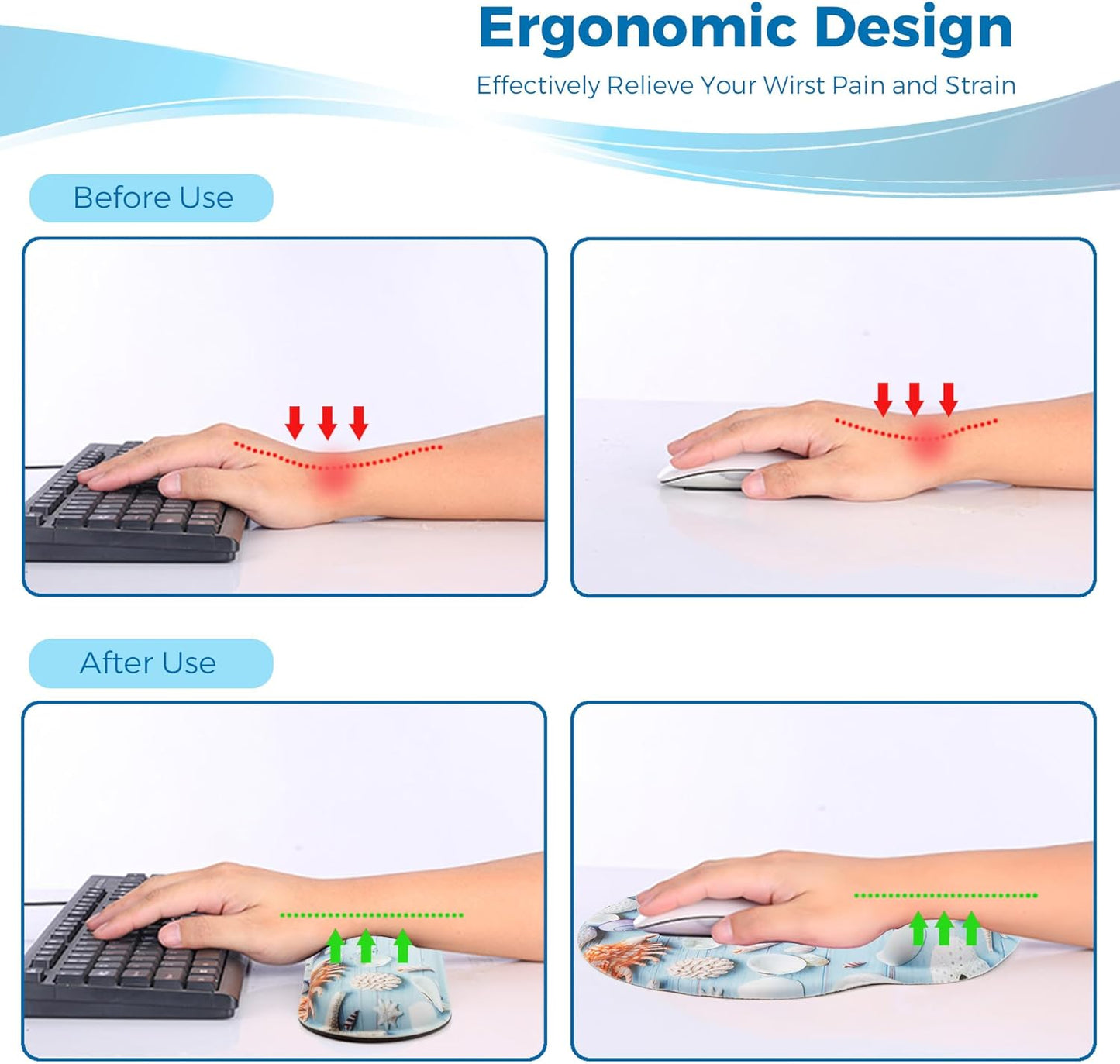 Mouse Pad and Keyboard Wrist Rest Support, with Non-Slip PU Base,Gel Mouse Pad with Coaster,Pain Relief for Gaming, Computer,Office -Beach