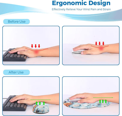Mouse Pad and Keyboard Wrist Rest Support, with Non-Slip PU Base,Gel Mouse Pad with Coaster,Pain Relief for Gaming, Computer,Office -Beach