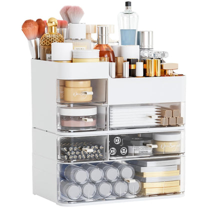White Makeup Organizer With Drawers,Large Skincare Organizers for Countertop,Desk,Dresser,Plastic Bathroom Counter Organizer for Brush,Palettes,Perfume,Beauty Products Organization,Skin Care Storage