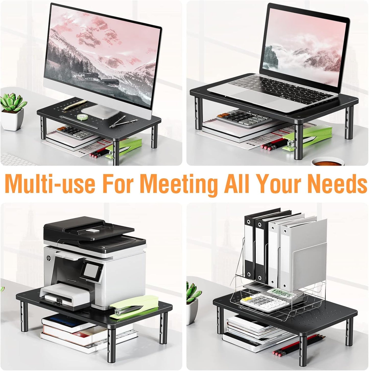 ELIVED 2 Pack Monitor Stand Riser - 3 Height Adjustable Monitor Stand for Laptop, Computer, PC, Printer, Mesh Metal Monitor Riser for Desktop Organizer.
