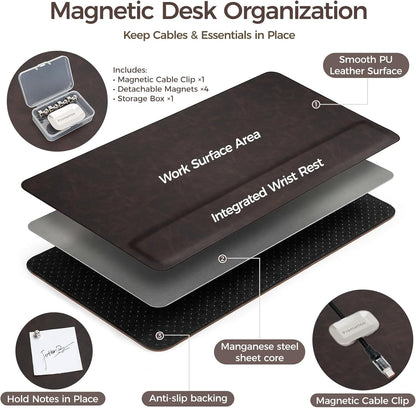 Magnetic Desk Mat System with Wrist Support 80×40cm, Premium Leather Desk Pad with Magnetic Accessories, Waterproof Non-Slip Desk Organizer for Office & Gaming