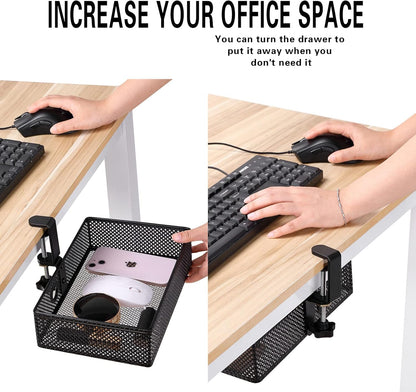 2-Tier Clamp-On Mesh Organizer, Under Desk Storage with Slide-Out Tray, No Drilling Tool-Free Installation, Durable Rust-Resistant Metal, Large-Capacity Organizer.