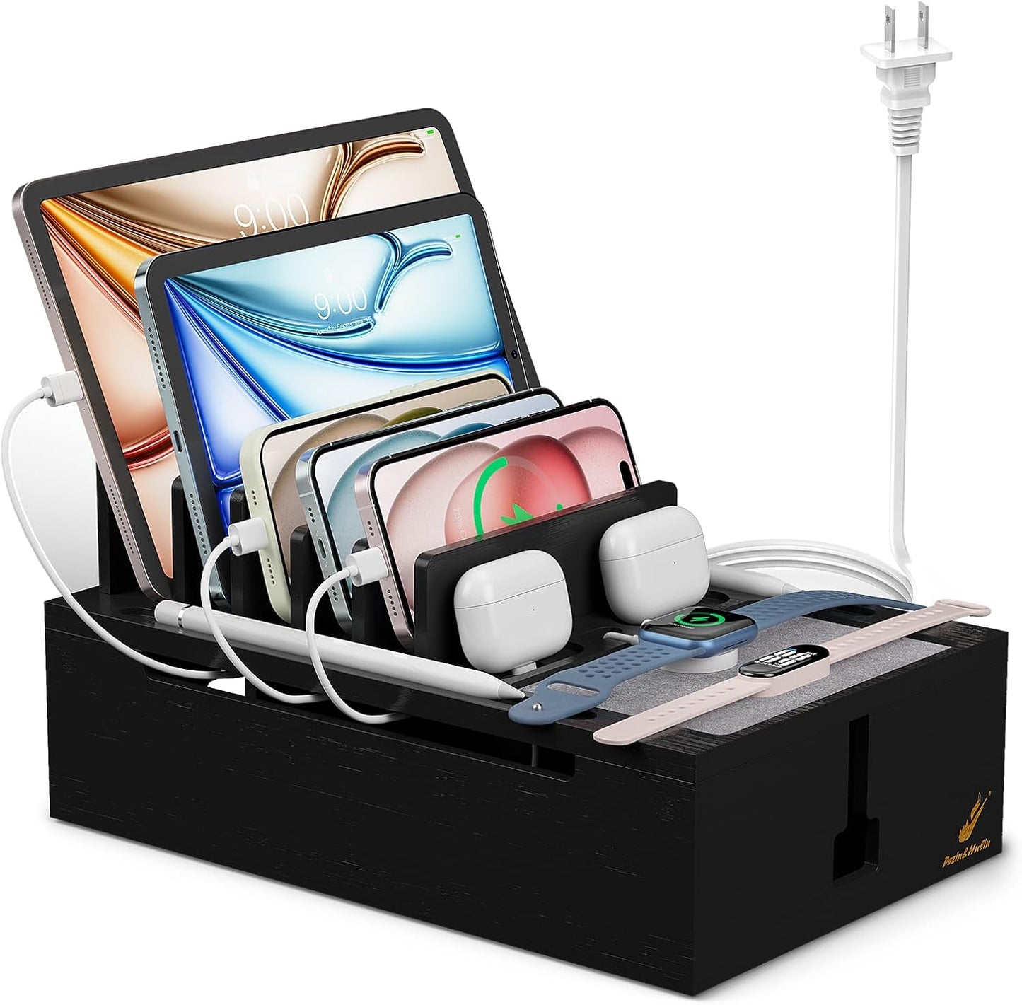 Pezin & Hulin Bamboo Charging Station for Multiple Devices, USB Charger Dock Organizer, with Power Supply (10 Ports HUB), 6 Cables, Cable Management Organizer for Cell Phones, Tablets -Natural+White